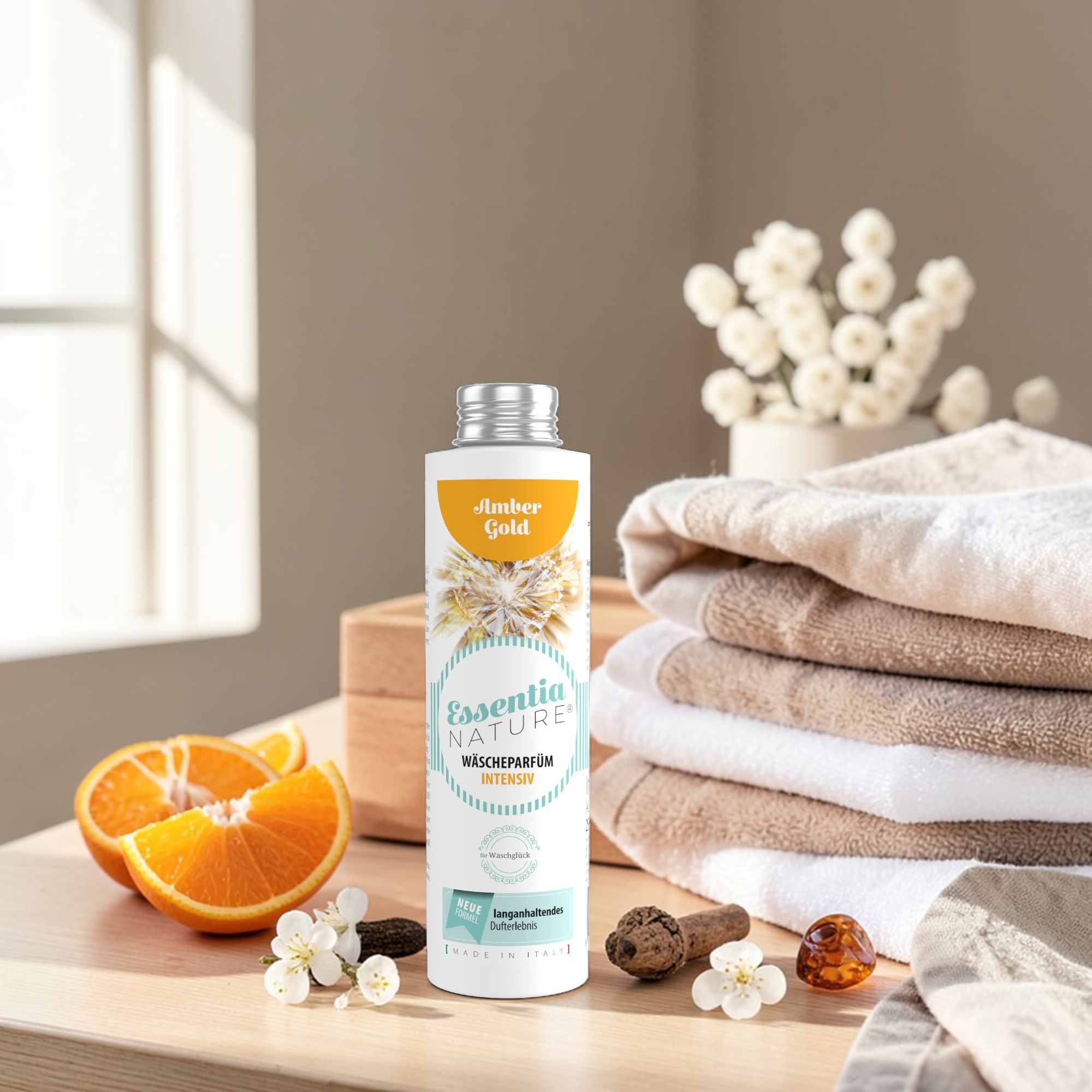 NIEUW: Wasparfum Gouden Amber Intens De geur van Gouden Amber is warm, intens en elegant. Frisse sinaasappel opent licht en sprankelend. In het hart zorgen jasmijn en tonkaboon voor een zachte, lichtzoete diepte.