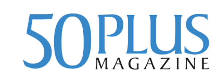Logo van 50Plus Magazine, in blauwe en zwarte typografie, als vermelding van mediapartner van Wasgeluk wasparfum en duurzame, microplasticvrije wasproducten.