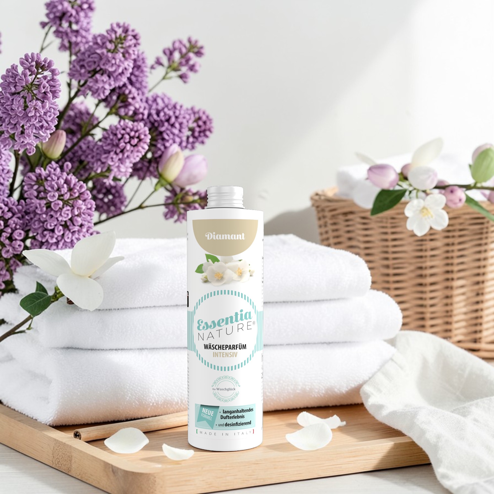 Der Duft von Diamant ist frisch, blumig und sinnlich. Eine feine Mischung aus Flieder, Magnolie, Moschus und Holznoten verleiht deiner Wäsche einen klaren, weichen Duft mit luxuriöser Ausstrahlung – geeignet für alle Textilien.