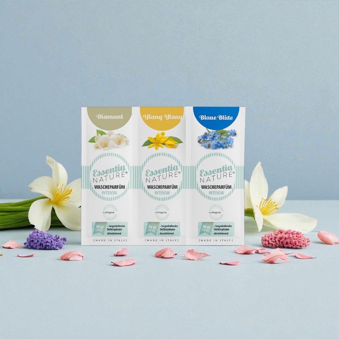 Essentia Nature wasparfum intensief proefset van Wasgeluk met geuren Diamant, Ylang Ylang en Blaue Blüte, microplasticvrij voor een langdurige, luxe geurbeleving van de was.