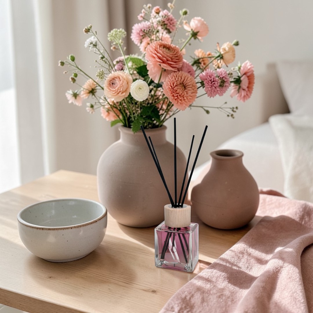 Geurstokjes “Glamour Blauweregen & Roos” met een frisse, elegant bloemige geur van bergamot, citroen, ananas en roos, aangevuld met warme tonen van vanille, amberhout en rozenhout voor een subtiele en langdurige geurbeleving.