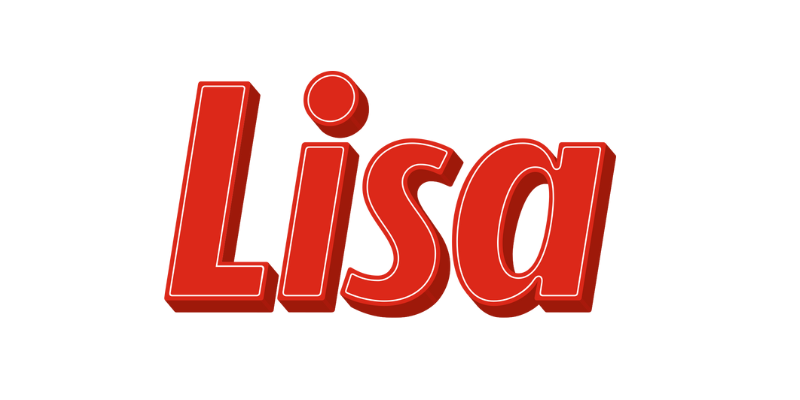 Rood 3D-logo met het woord “Lisa”, gebruikt als naamlabel voor Wasgeluk wasparfum en duurzame, microplasticvrije wasproducten met luxe geurbeleving.