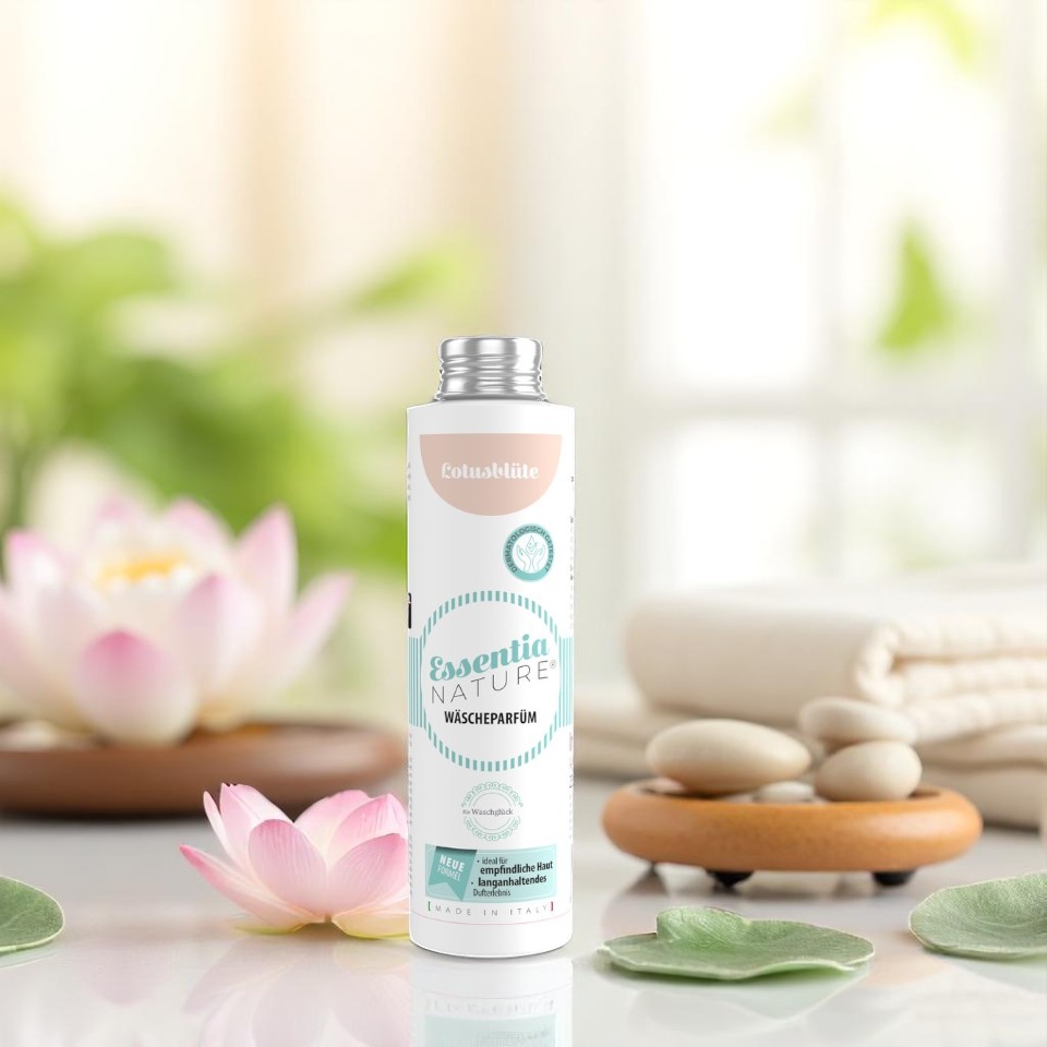 Essentia Nature wasparfum Lotusblüte in een witte en mintgroene fles, sfeervol gefotografeerd tussen lotus bloemen, stenen en opgevouwen handdoeken voor een luxe, langdurige en microplasticvrije geurbeleving in de was.