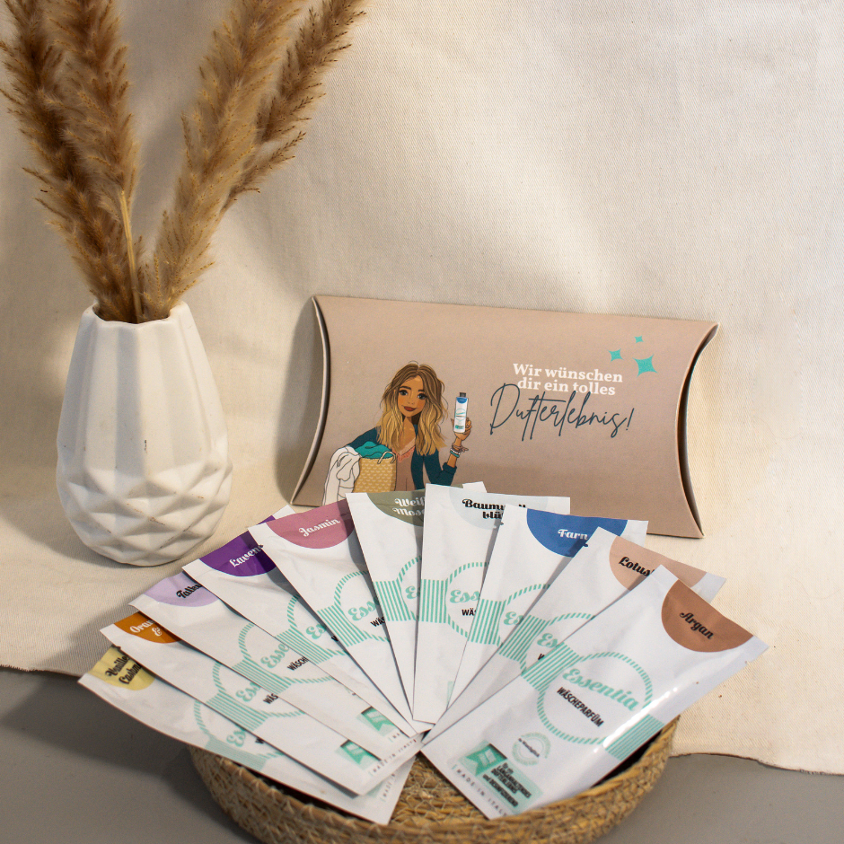 Cadeauset met Wasgeluk Essentia wasparfum-sachets in diverse geuren, waaier-vormig uitgestald voor een beige giftbox met illustratie en de tekst “Wir wünschen dir ein tolles Dufterlebnis!”, gestyled met een witte vaas en pampasgras voor een luxe, duurzame geurbeleving.