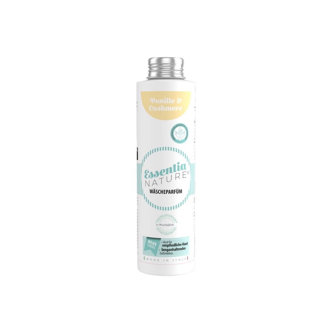 Essentia Nature wasparfum Vanille & Cashmere in witte fles met mintgroene accenten, microplasticvrij en geschikt voor gevoelige huid voor een langanhoudende luxe geurbeleving van Wasgeluk.