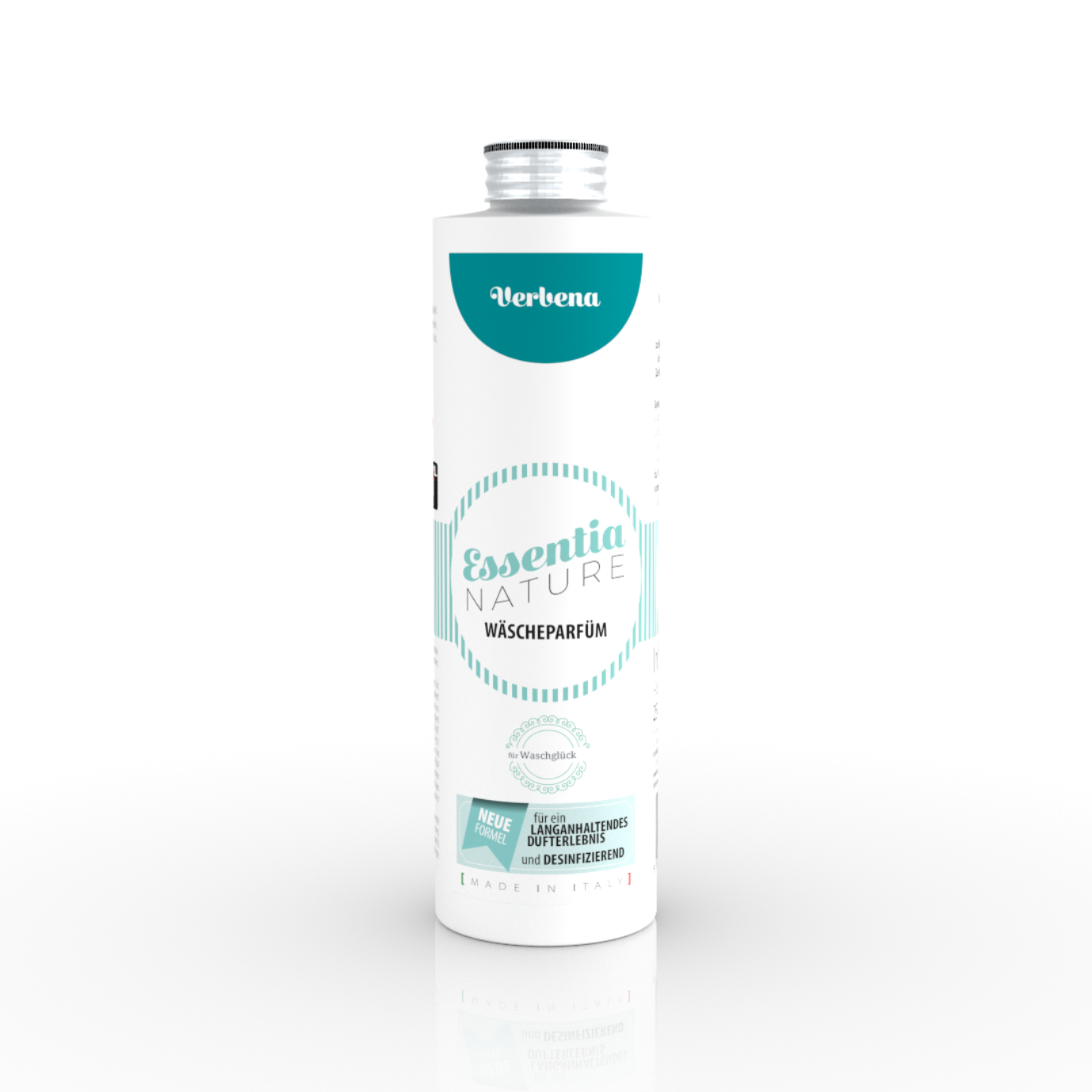 Essentia Nature wasparfum Verbena in een witte fles met turquoise accenten, duurzame microplasticvrije wasparfum voor een langdurige, luxe geurbeleving bij het wassen.