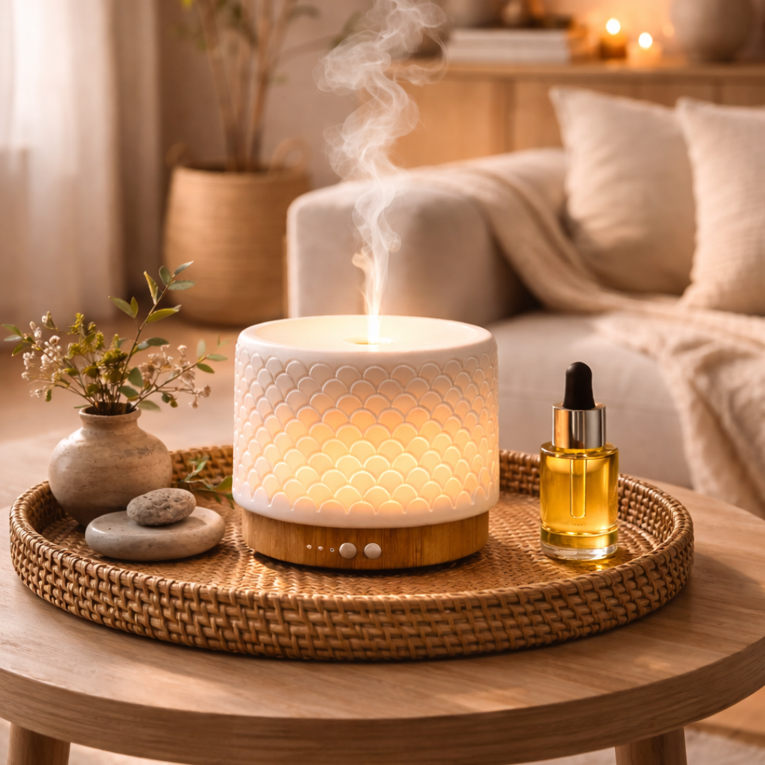 Diffuser “Mozzin Tino” met porseleinen buitenkant en gecoate gouden onderkant, 120 ml capaciteit, instelbare warme verlichting, automatische uitschakeling na 1, 2 of 3 uur, inclusief stekker, voor een stijlvolle en geurige toevoeging aan je interieur.