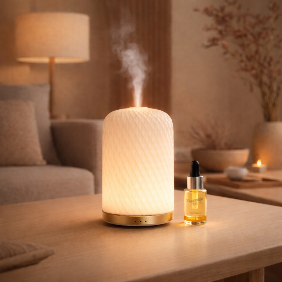 Diffuser “Mozzin Tino” met porseleinen buitenkant en gecoate gouden onderkant, 120 ml capaciteit, instelbare warme verlichting, automatische uitschakeling na 1, 2 of 3 uur, inclusief stekker, voor een stijlvolle en geurige toevoeging aan je interieur.