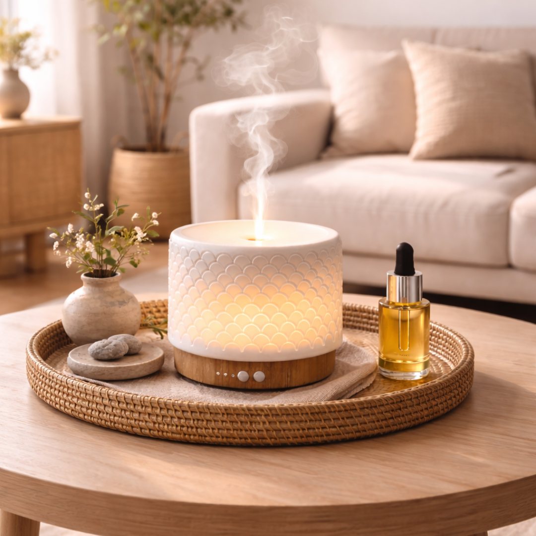 Diffuser “Mozzin Buba” met bamboe basis en porseleinen buitenkant, 280 ml capaciteit, instelbare warme verlichting, automatische uitschakeling na 1, 3 of 8 uur, inclusief stekker, voor een fris en stijlvol interieur.