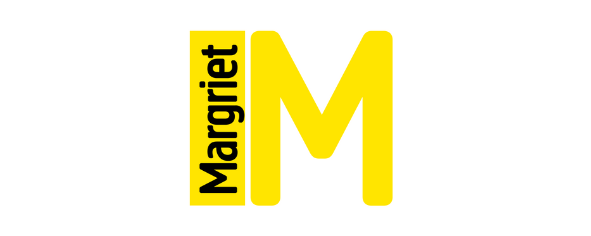 Een afbeelding van het logo van het Nederlandse tijdschrift Margriet. Het logo toont het woord 'Margriet' in grote, gele letters, met daaronder de ondertitel 'Het grootste vrouwenblad van Nederland'
