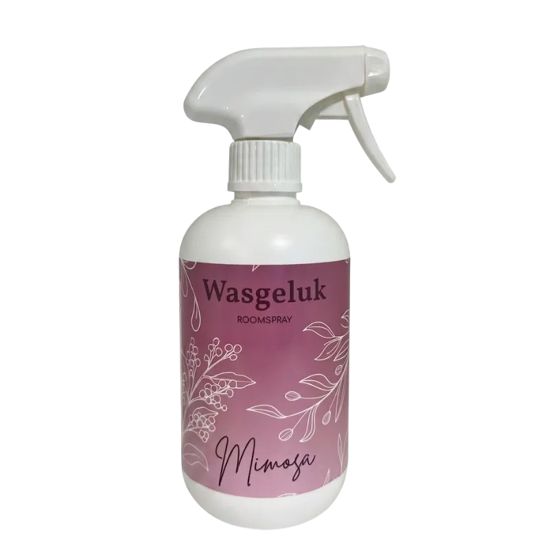 Roomspray Mimosa van Wasgeluk met zachte bloemige geur van mimosa in stijlvolle fles.