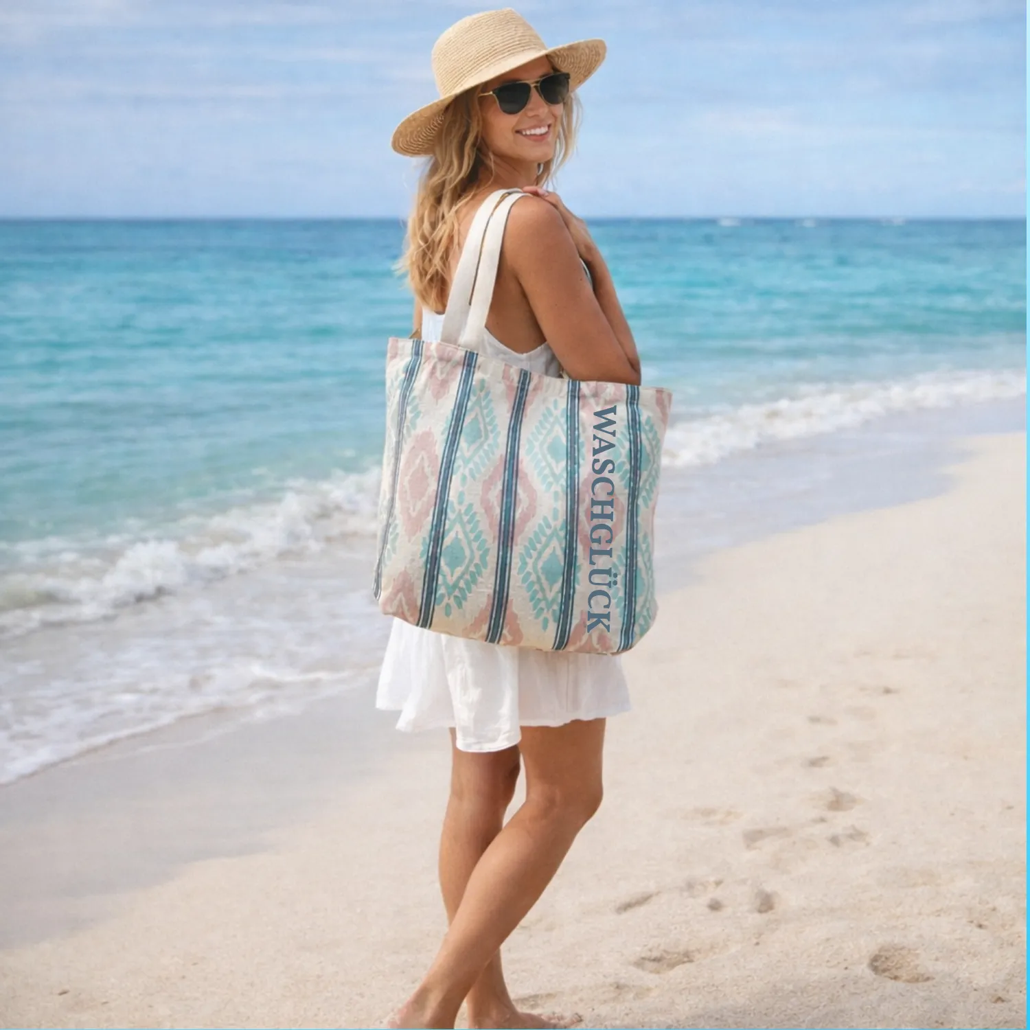 Die Waschglück-Sommertasche ist geräumig, praktisch und ein echter Hingucker. Durch den trendigen Aufdruck ist sie sofort unverkennbar, und du kannst mühelos all deine Sachen für den Strand, den Einkauf oder einen Tagesausflug darin verstauen.