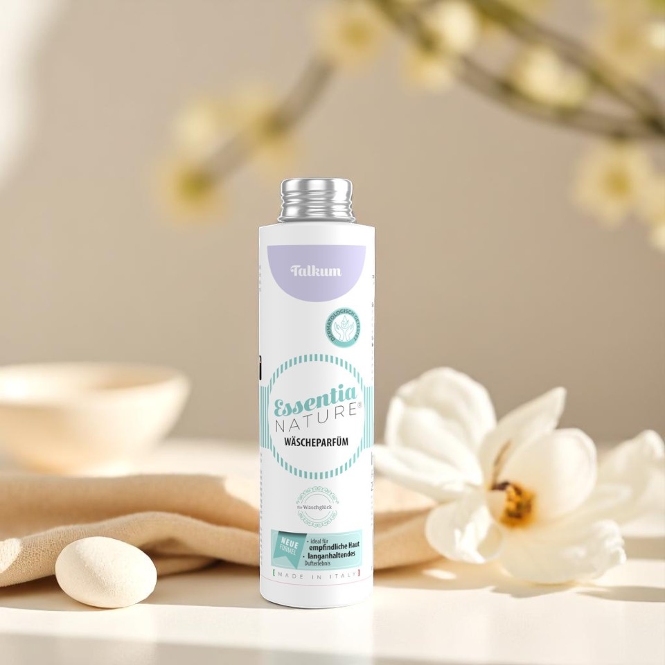 Essentia Nature wasparfum Talkum van Wasgeluk in een witte en mintgroene fles, geschikt voor de gevoelige huid en microplasticvrije, langaanhoudende luxe geurbeleving bij het wassen.