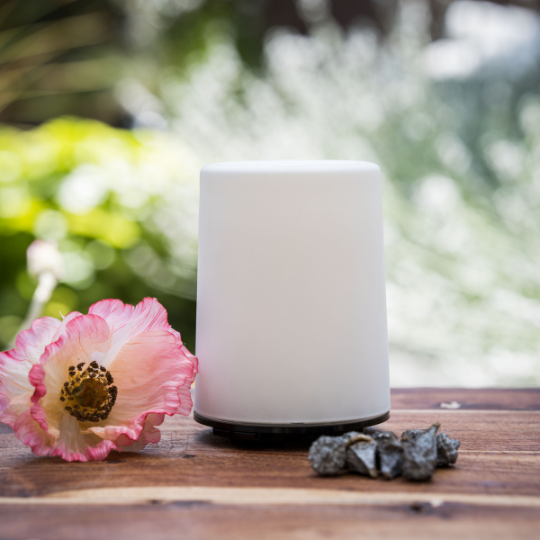 De afbeelding toont een witte glazen Essentia diffuser, een elektrisch apparaat dat essentiële oliën verspreidt in de vorm van een zachte nevel, om een ​​ontspannen sfeer te creëren in elke kamer waarin het wordt gebruikt. De tekst beschrijft de diffuser als elegant en wit, met de mogelijkheid om een ​​rustgevende sfeer te creëren in huis.