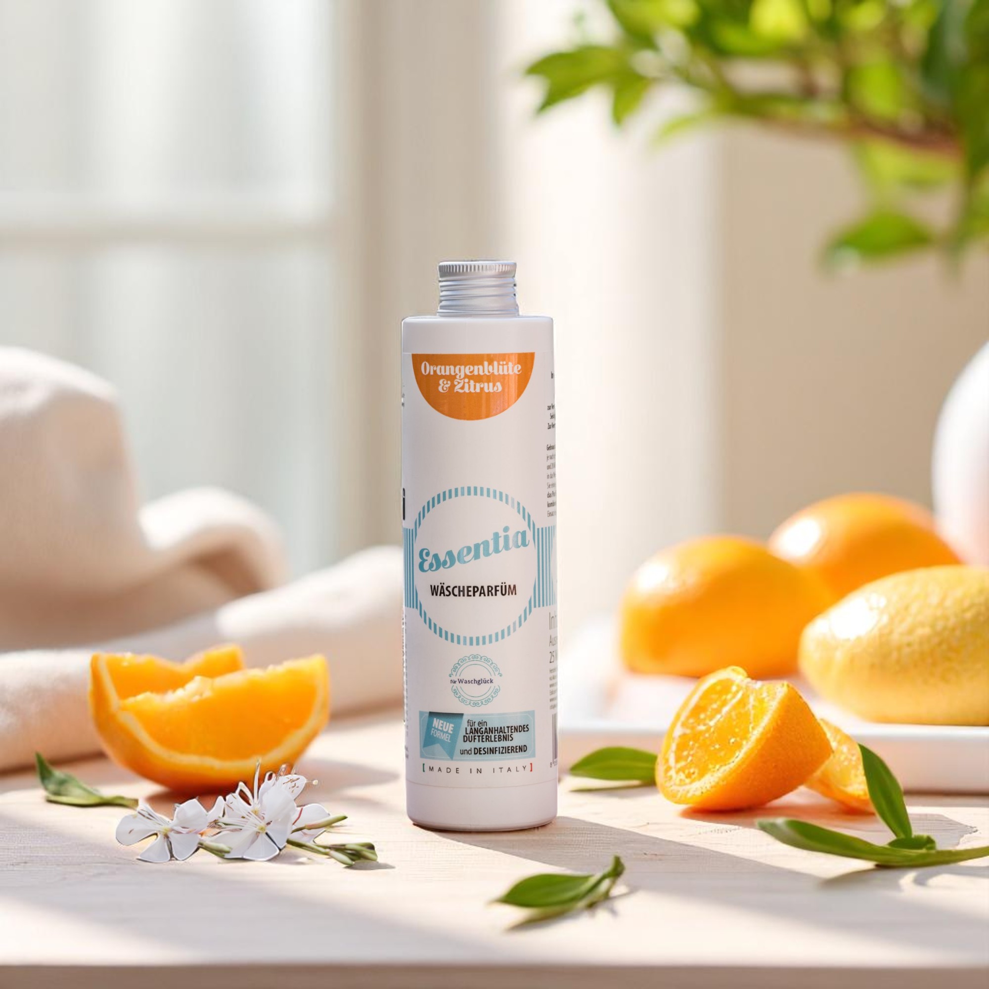 Essentia wasparfum Orangenblüte & Zitrus van Wasgeluk, luxe microplasticvrij wasparfum met langdurige frisse geur, gefotografeerd tussen sinaasappel- en citroenpartjes in een zonnige, natuurlijke setting.