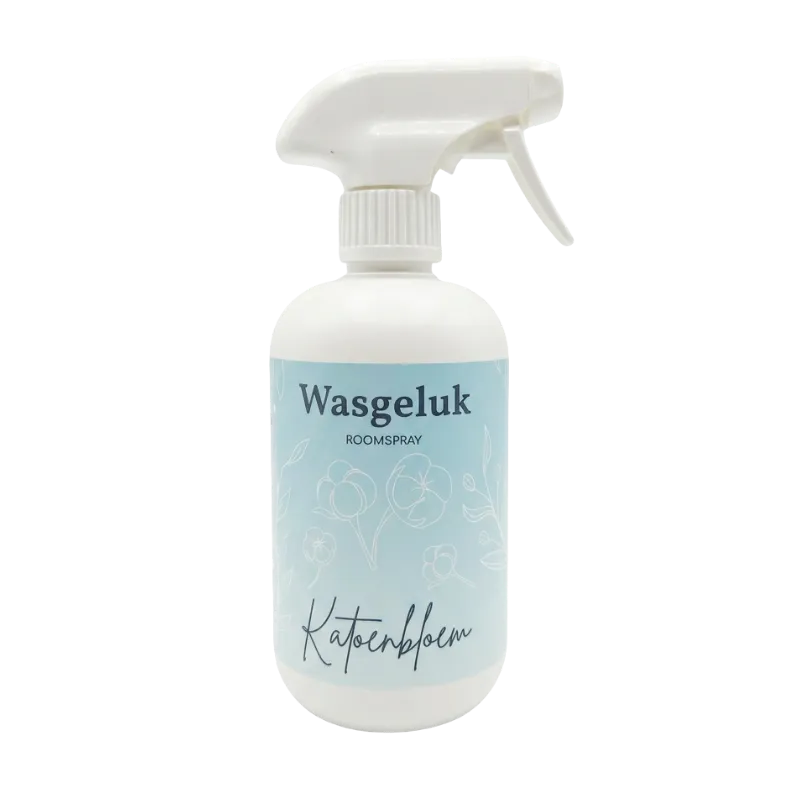 Roomspray Katoenbloem van Wasgeluk met frisse zachte bloemige geur in stijlvolle fles.