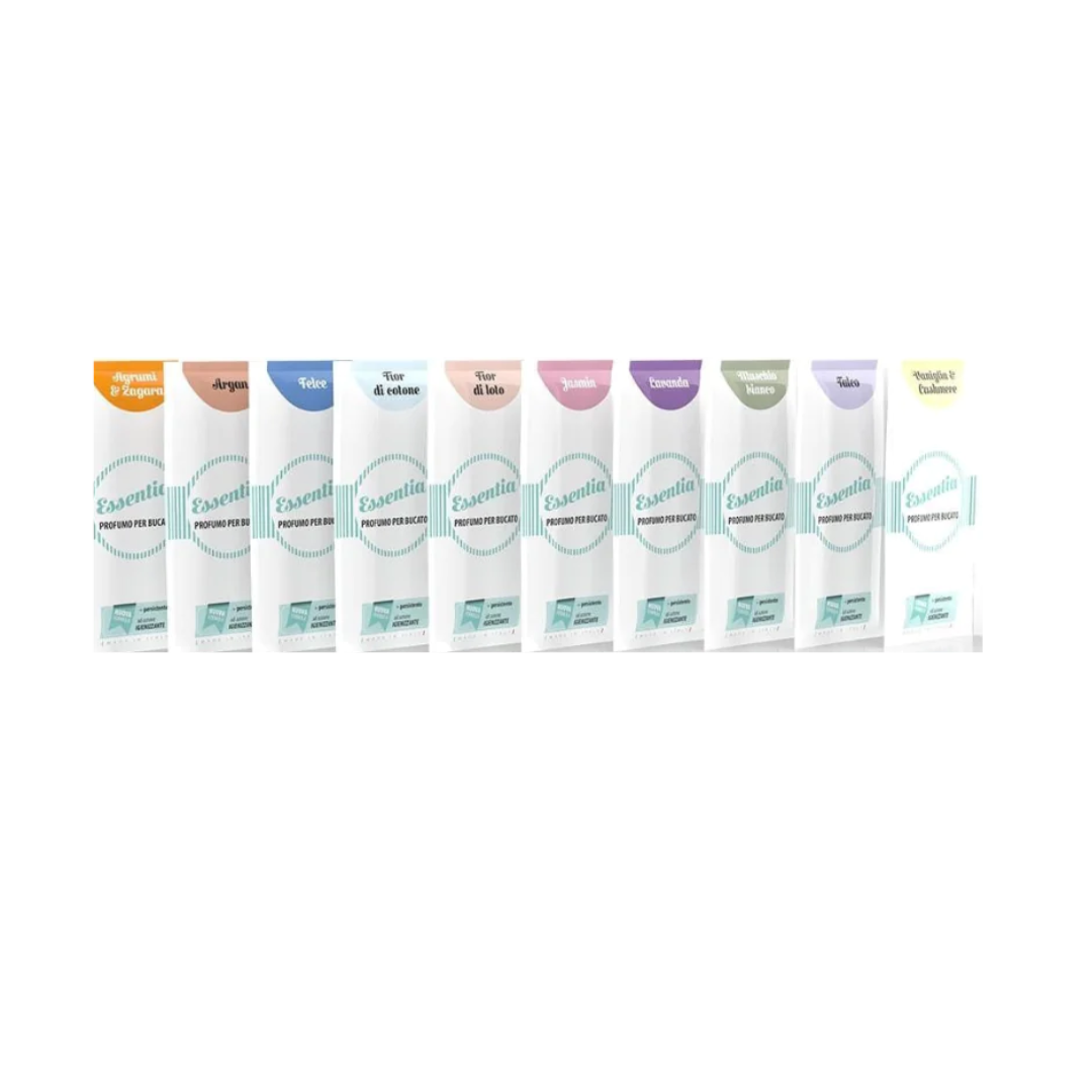 Essentia wasparfum mini collectie in diverse geuren met gekleurde labels, ideaal om microplasticvrije, luxe frisse geur aan de was te geven.