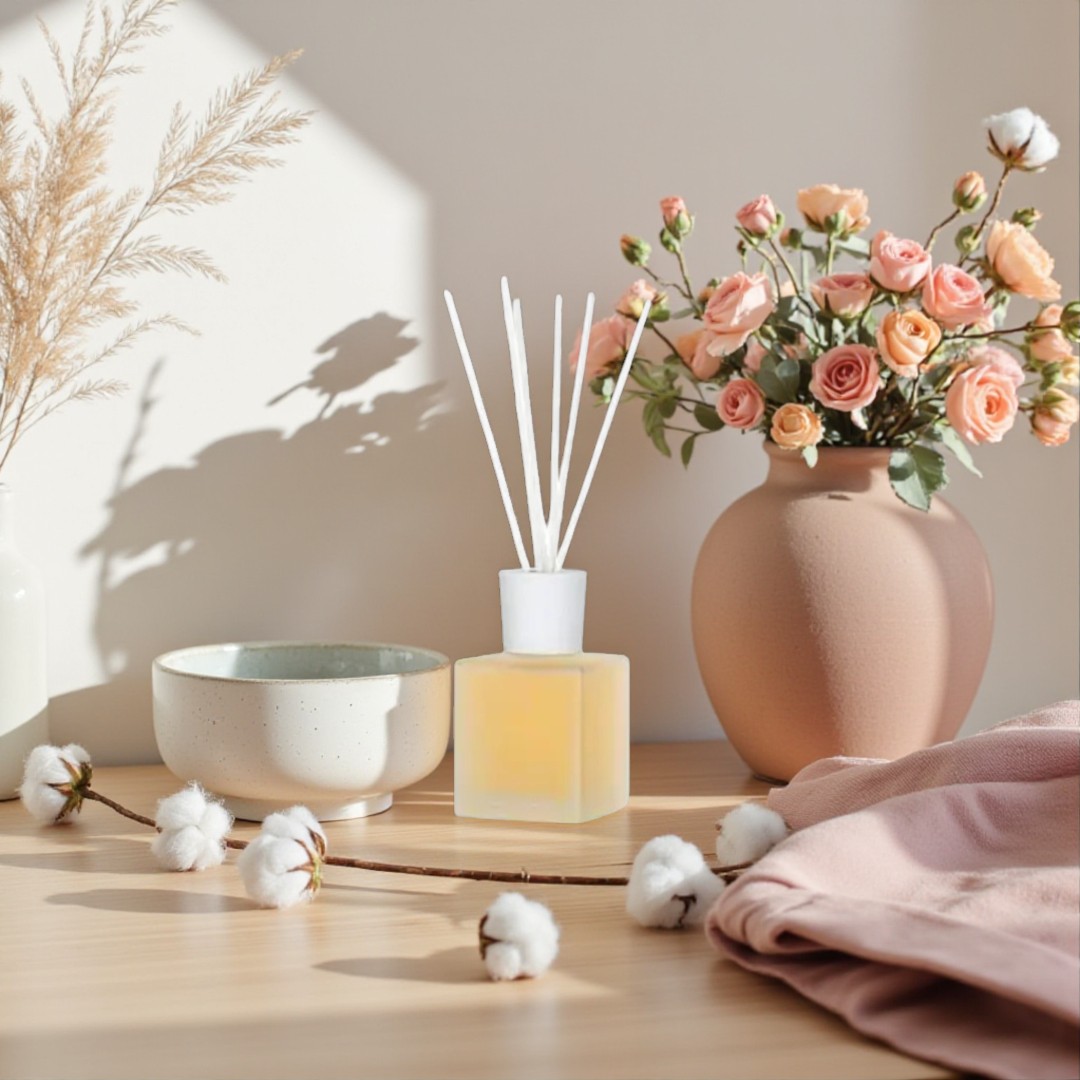 Geurstokjes Katoenbloem Met de geurstokjes Katoenbloem laat je elke ruimte zacht en fris ruiken. De geur combineert katoenbloem met subtiele tonen van roos, geranium en oranjebloesem.