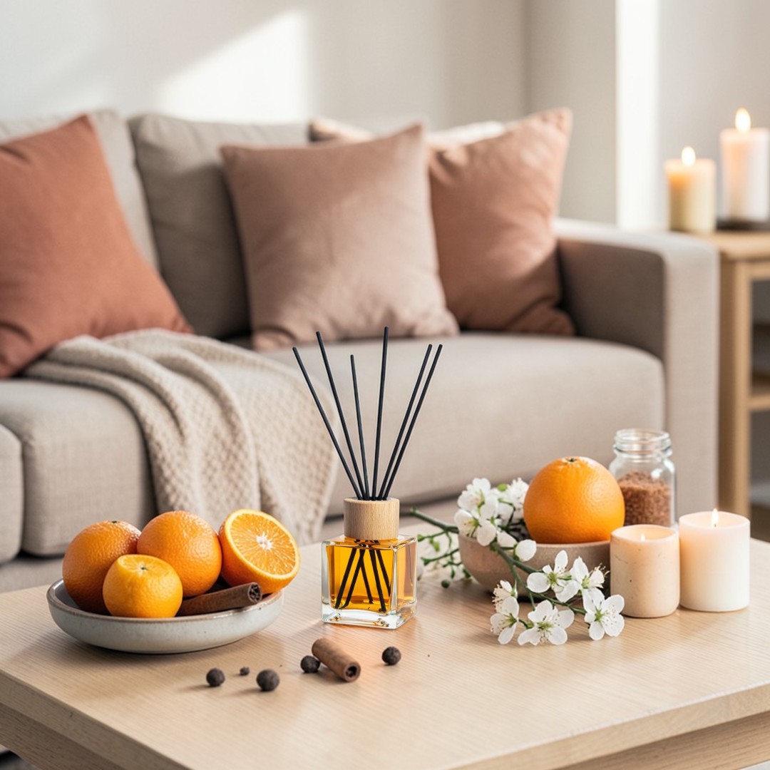 Geurstokjes “Glamour Sinaasappel & Kaneel” met een warme, energieke en kruidige geur die een uitnodigende en gezellige sfeer creëert in huis.