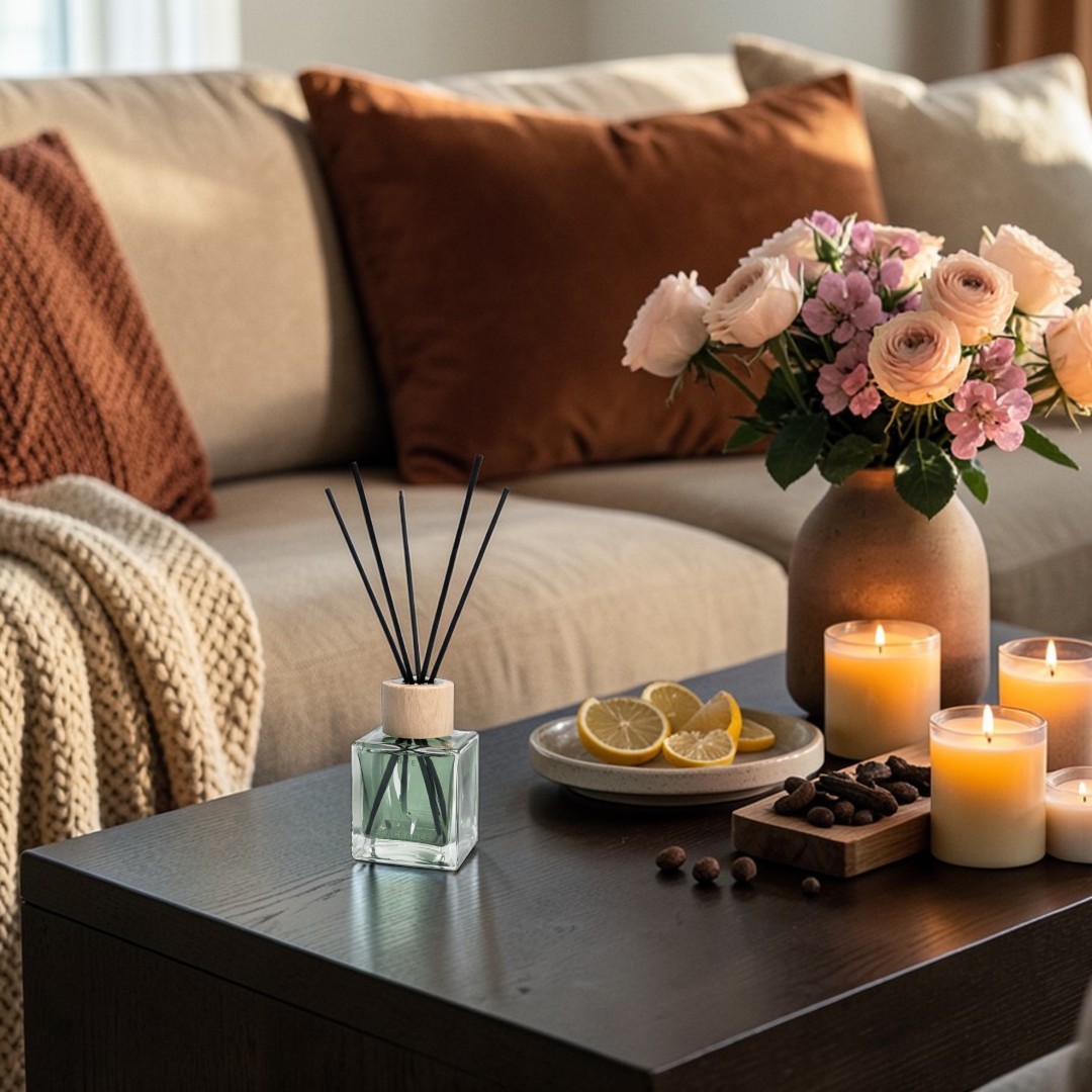 Geurstokjes “Glamour Witte Musk” met een zachte, licht poederige geur die van bloemig naar warm en omhullend ontwikkelt, voor een subtiele, elegante en langdurig frisse sfeer in huis.