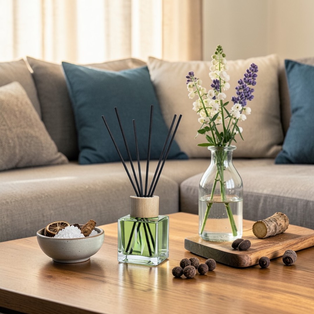 Geurstokjes “Glamour Kardemom & Vetiver” met een frisse, kruidige en houtachtige geur van bergamot, marine noten, kardemom, lavendel en lelietje-van-dalen, die het interieur een krachtig en verfijnd karakter geven.