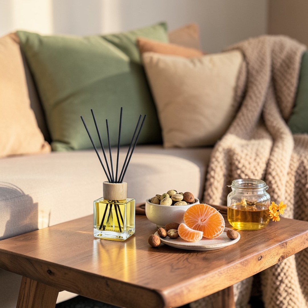 eurstokjes “Glamour Vanille & Pistache” met een warme, romige en lichtzoete geur van noten, vanille en musk, die een comfortabele en luxe sfeer creëert en langdurig een constante geur verspreidt (250 ml)