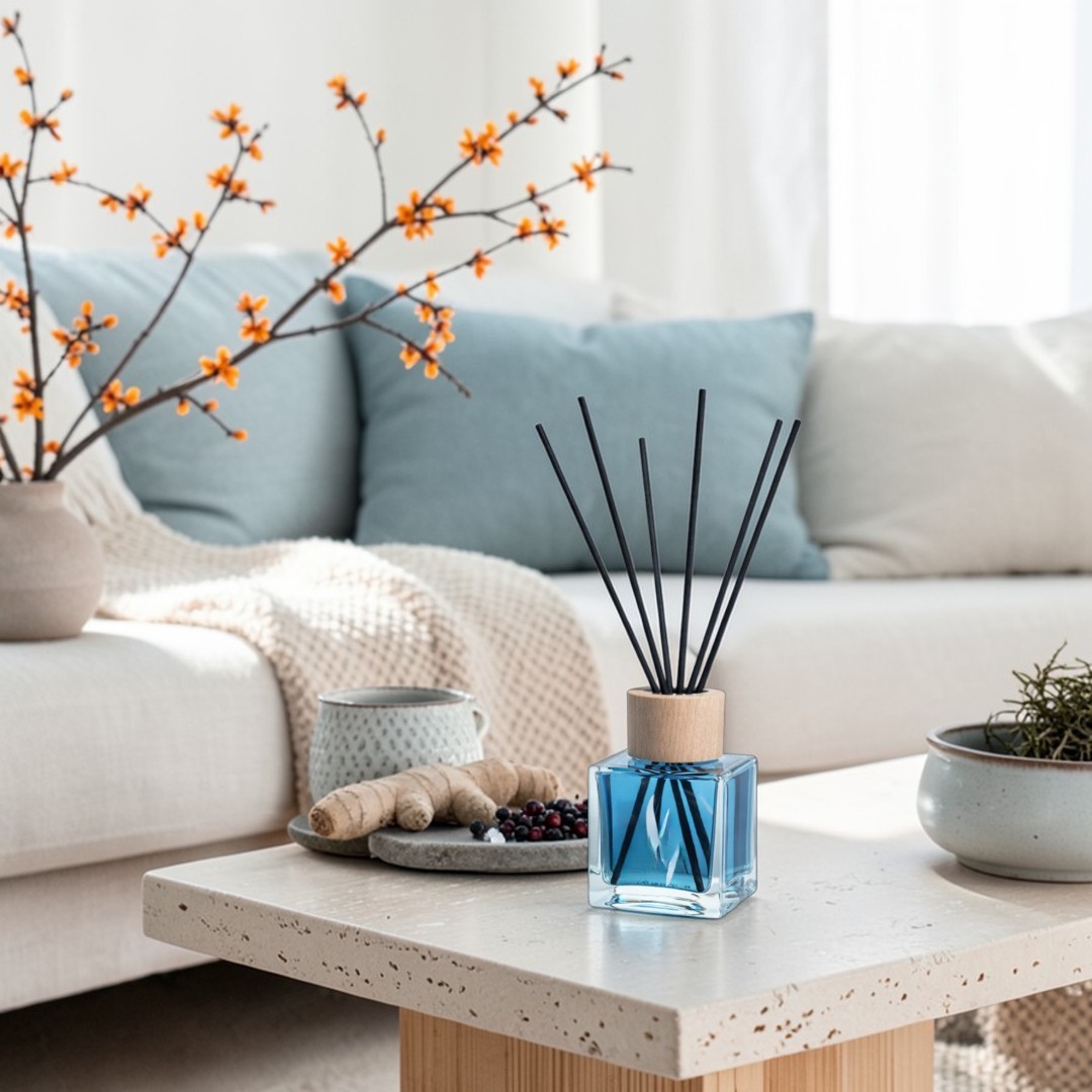 Geurstokjes “Glamour Zeebries” met een frisse, maritieme geur van ozon, oranjebloesem, jeneverbes en zeealgen, die het interieur een schone, open en energieke uitstraling geven